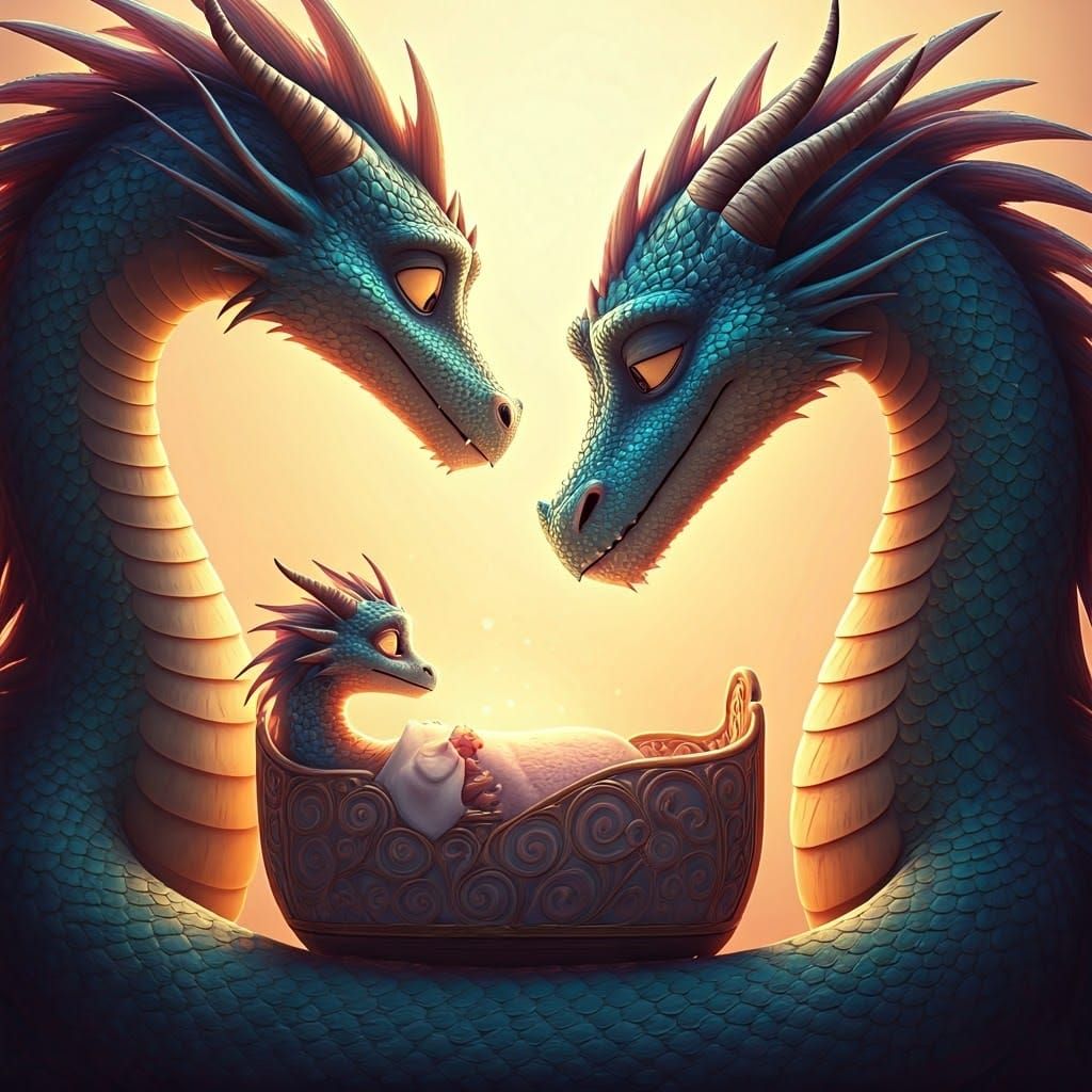 Gentle Mother Dragon Watches Over Her Sleeping Daughter