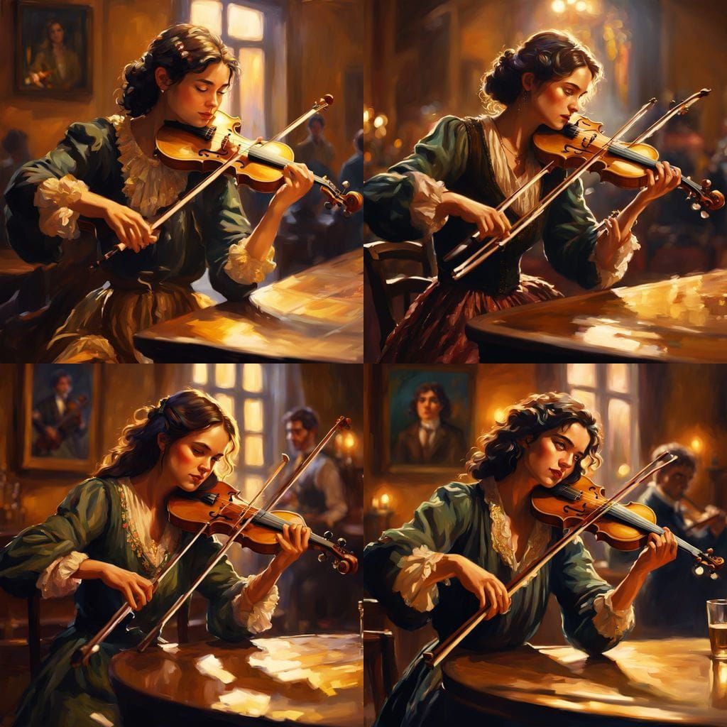 Brunette Bard Plays Fiddle in Vibrant Oil Painting