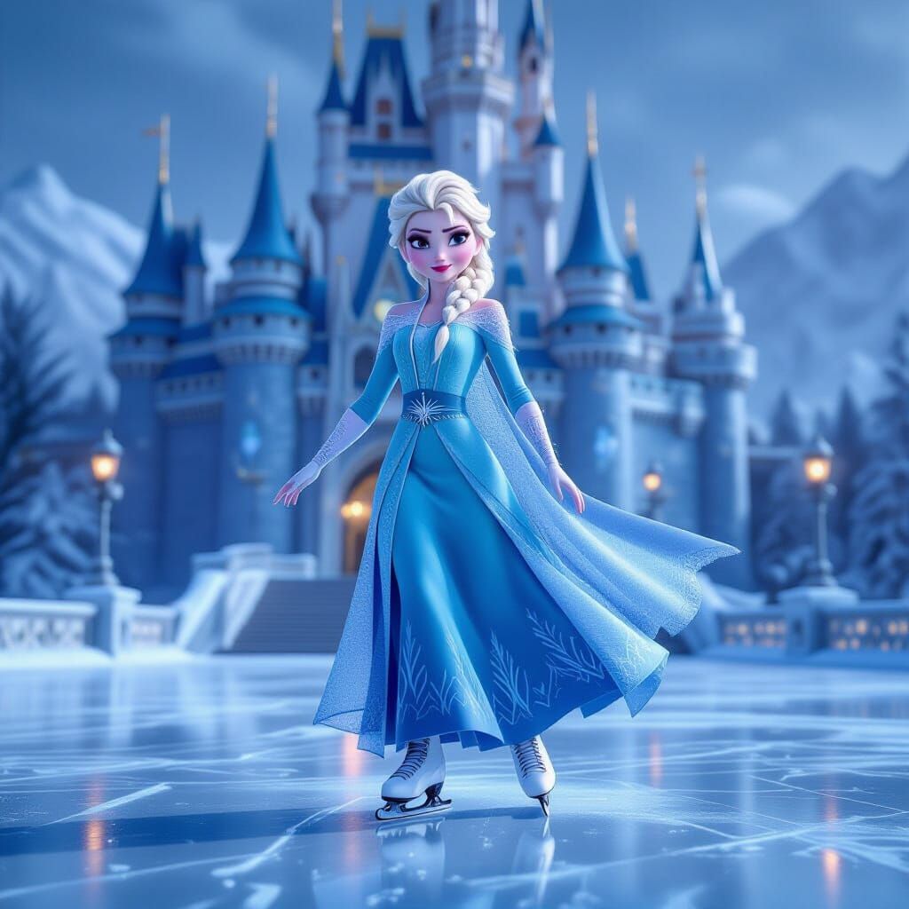 Elsa Ice Skating in Sci-Fi Winter Scene