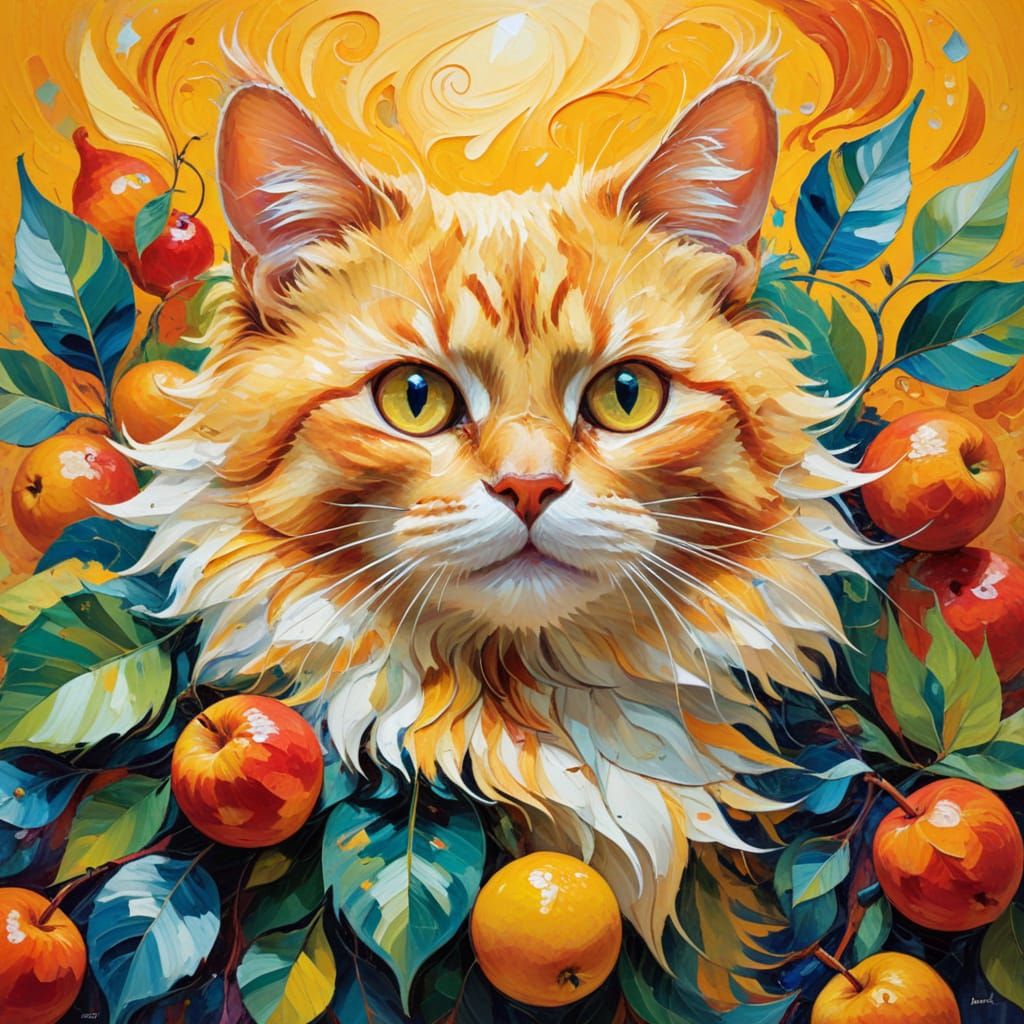 Whimsical Cat Emerges from Vibrant Fruit Vortex in Neo-Expre...