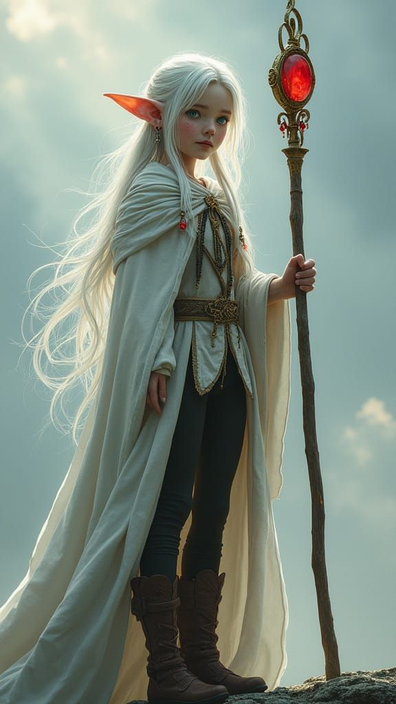 Hyperrealistic Elf Frieren with Staff and Ruby Gem