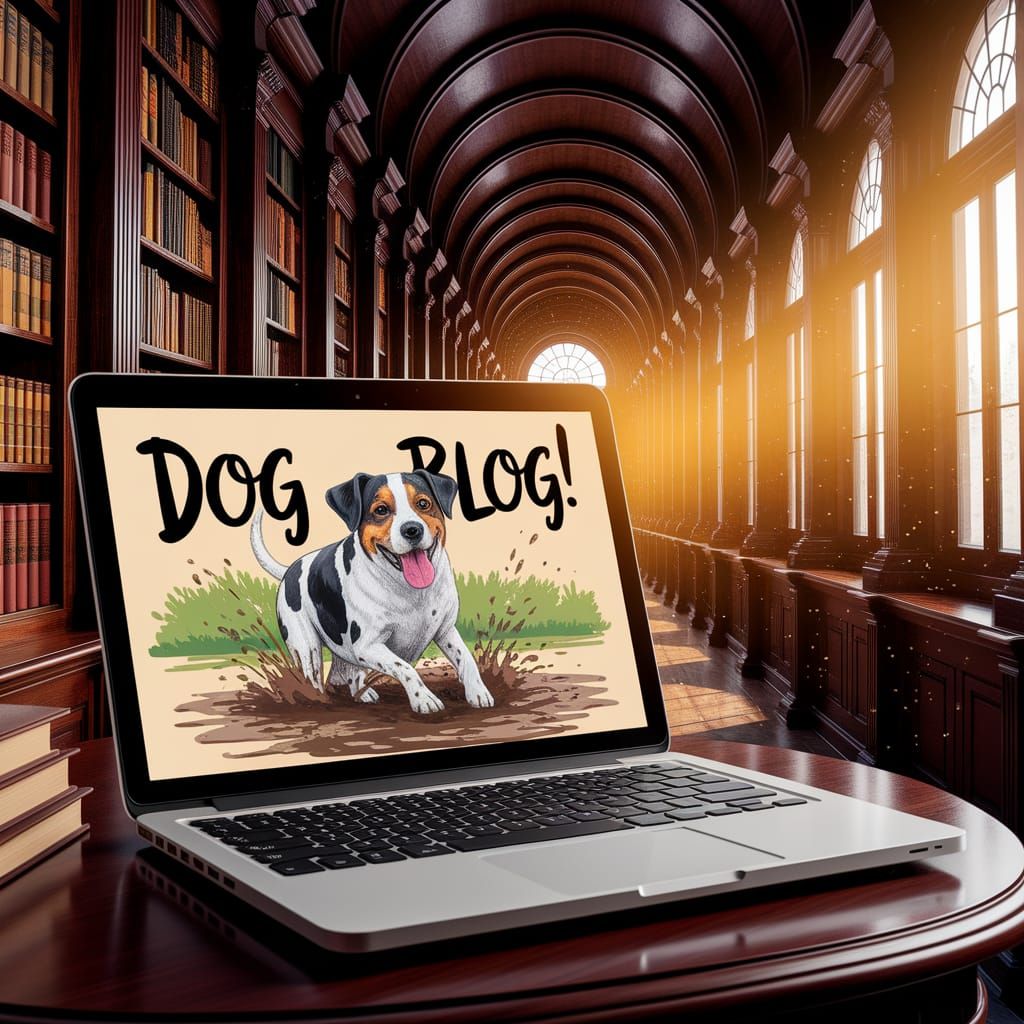 Cozy Library with Dog Blog Laptop