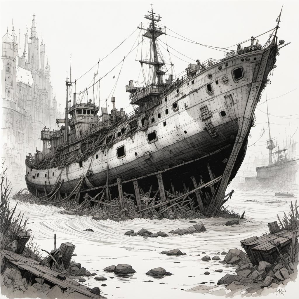 Underwater Shipwreck in Pencil and Ink Style