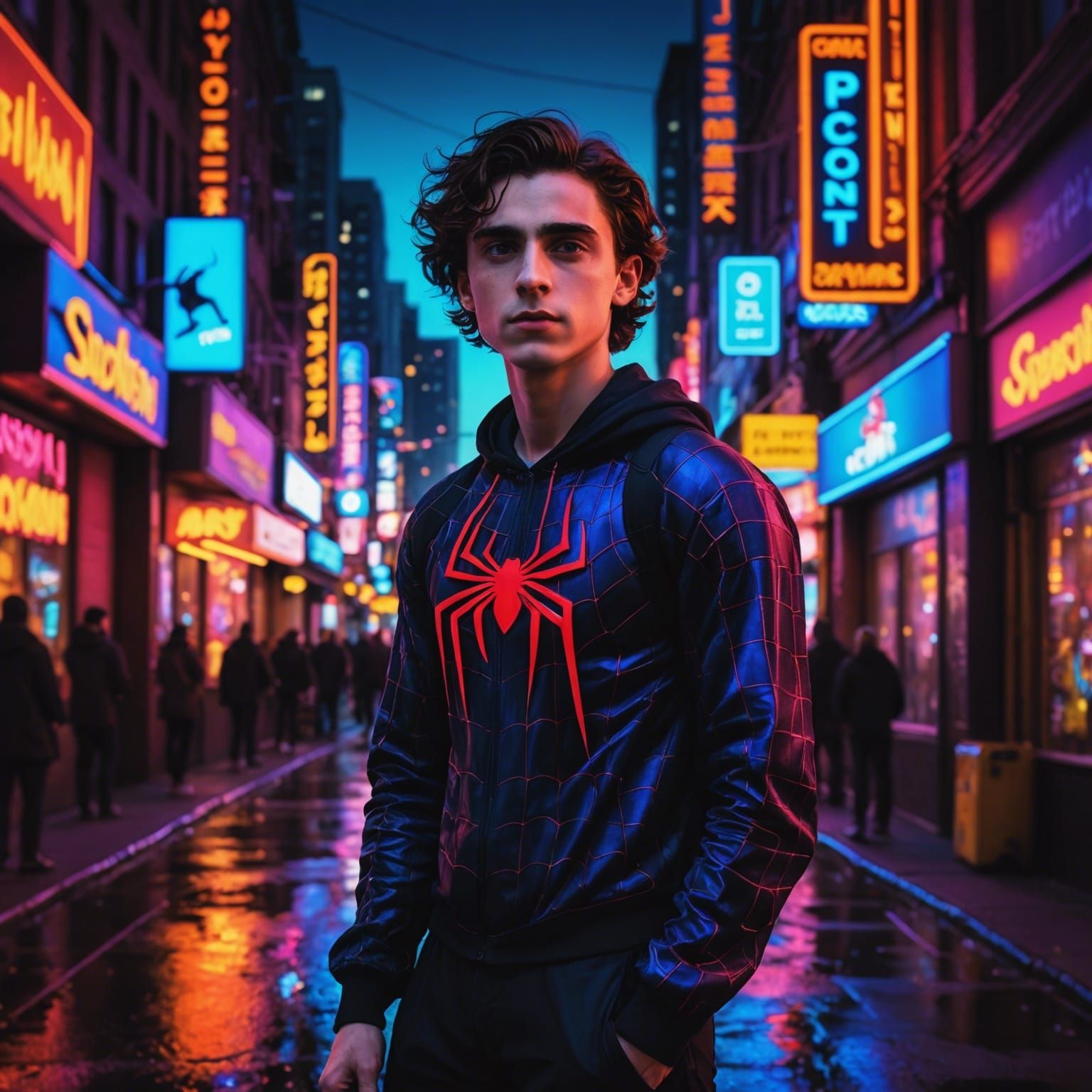 Spiderman in Neon Cityscape
