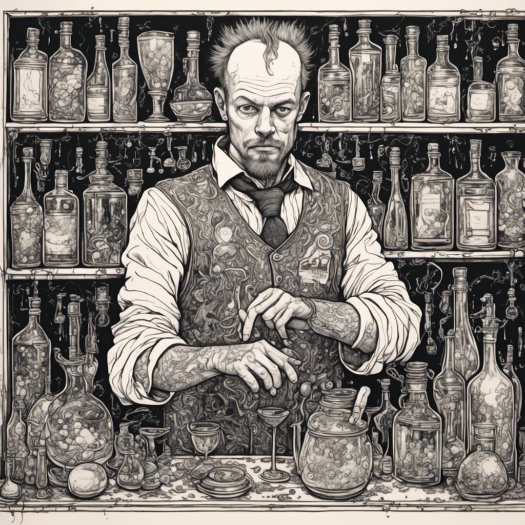 Cyborg Bartender Portrait in Ink Drawing Style