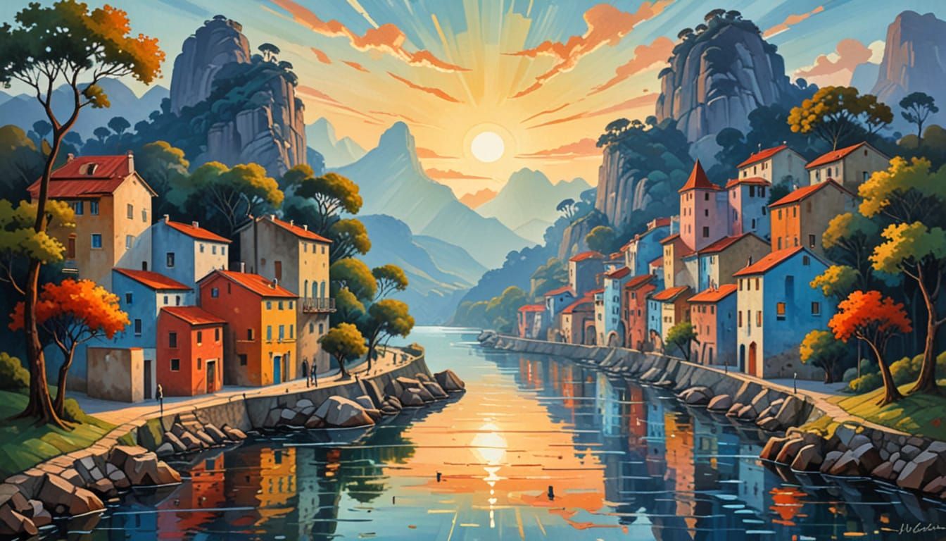 Surreal Autumn Watercolor Landscape with River