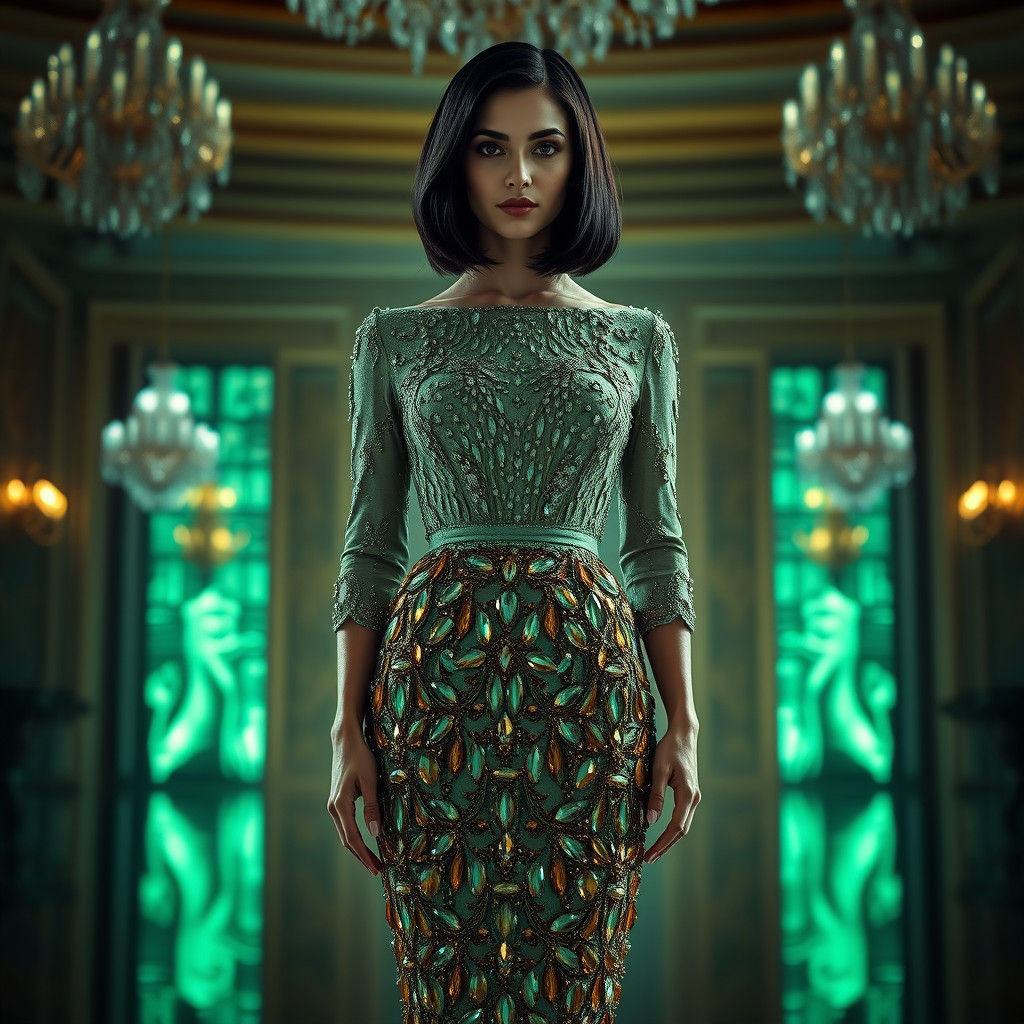 Woman in Crystal Dress in Ballroom, Cinematic HDR Art