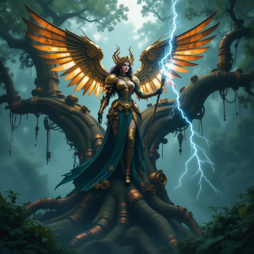 Steampunk Goddess on Ancient Tree with Clockwork Wings