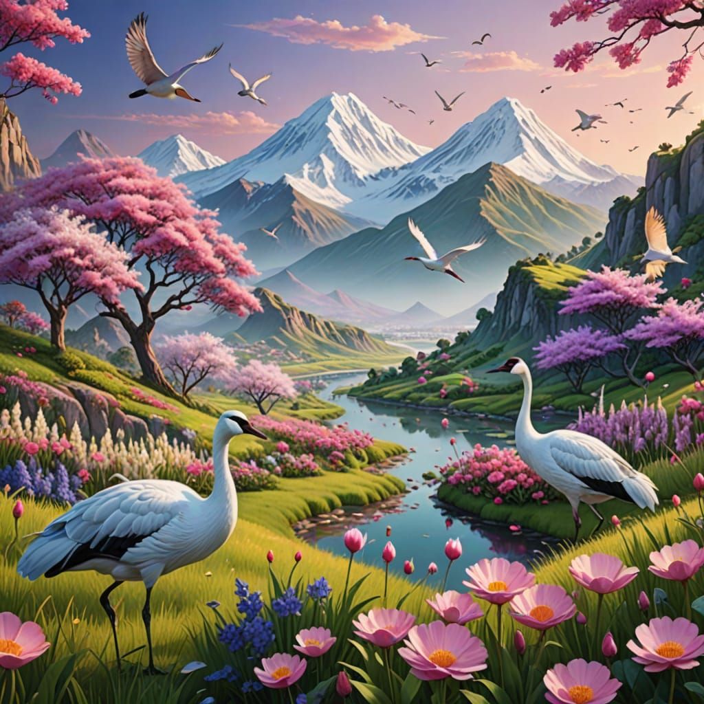 Whimsical Birds Amidst Vibrant Flowers and Majestic Mountain...