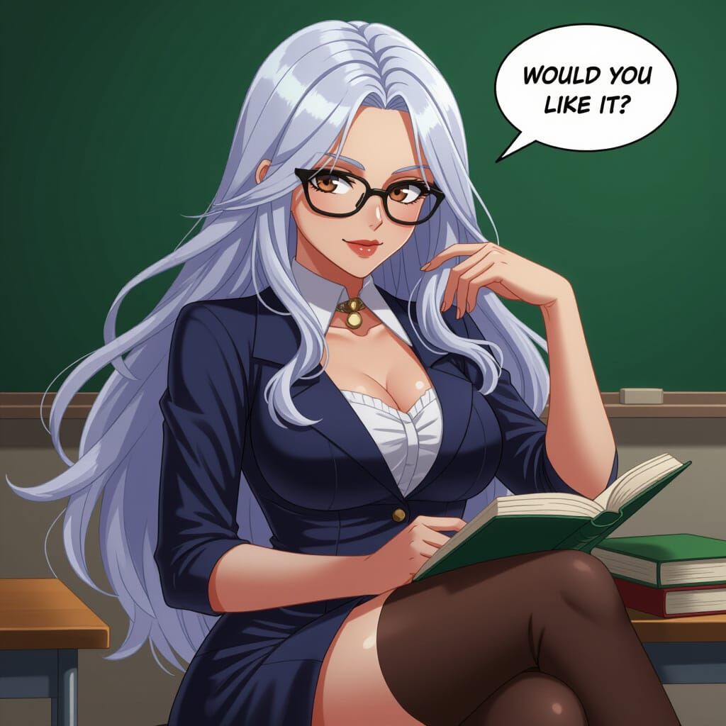 Elegant Teacher in Studio Trigger Cel-Shaded Style