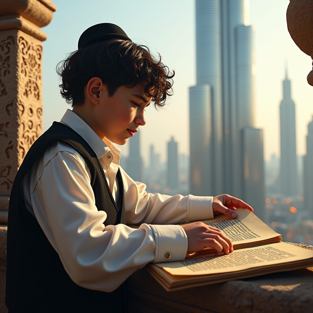 Hasidic Boy Studying Torah Near Burj Khalifa