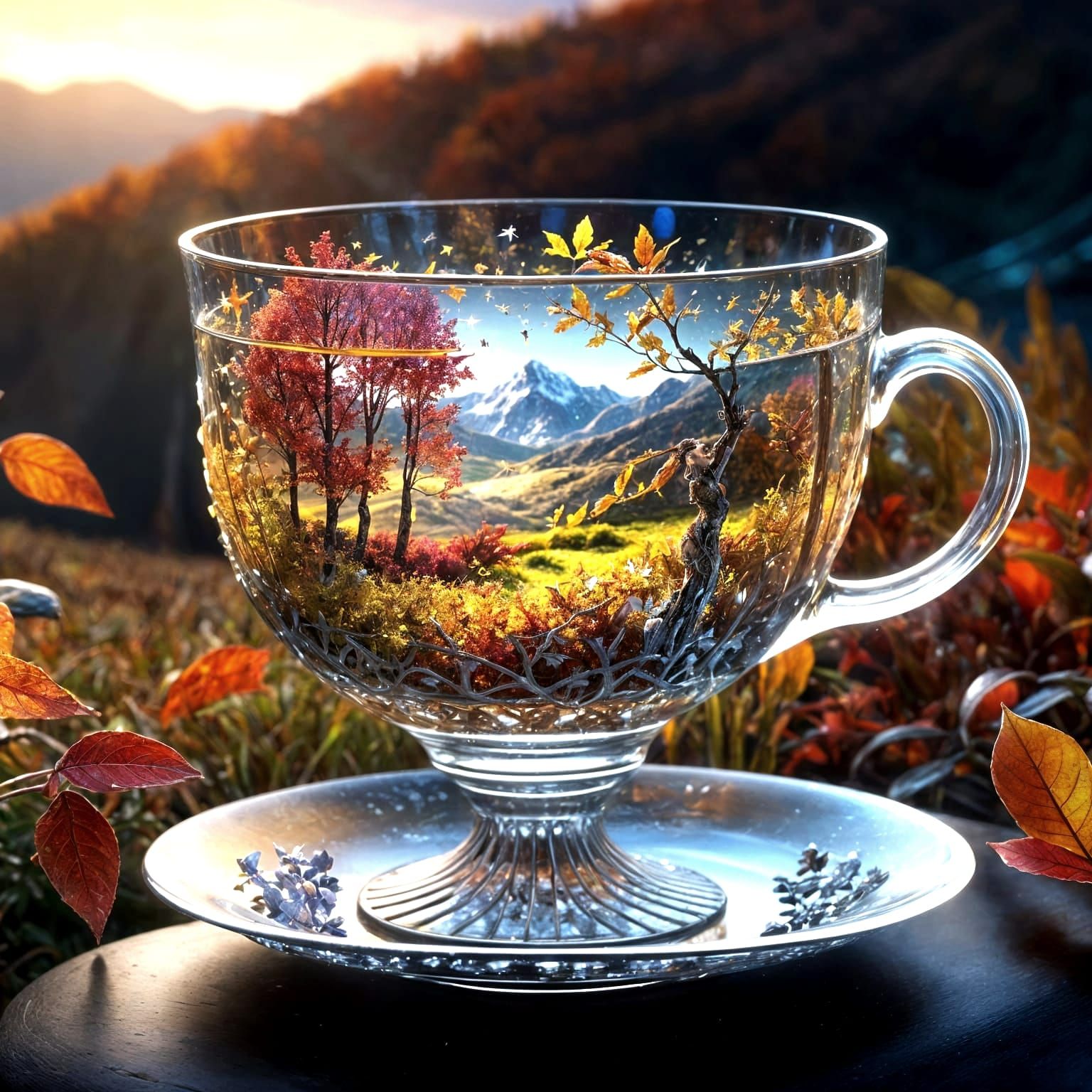 Starlit Autumn Landscape in Crystal Teacup