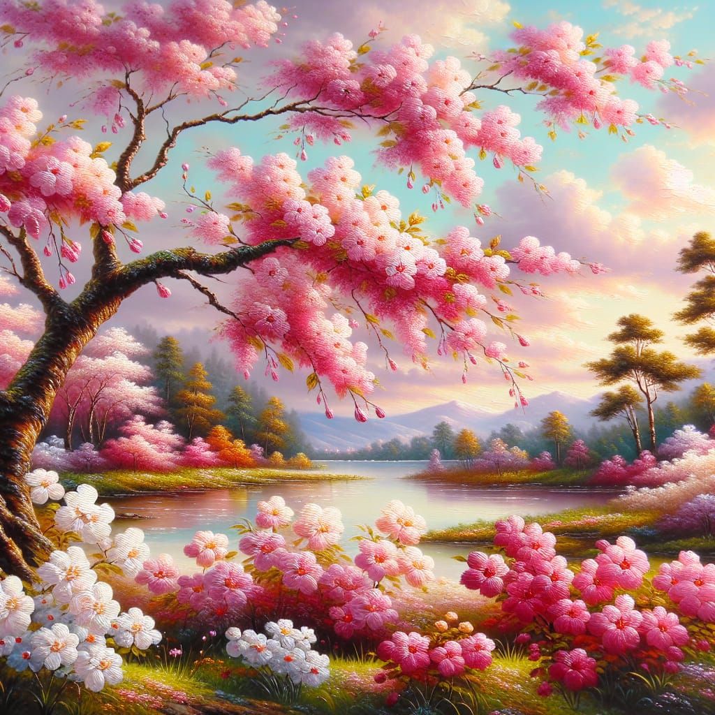 Cherry Blossoms in a Traditional 19th Century Landscape Styl...