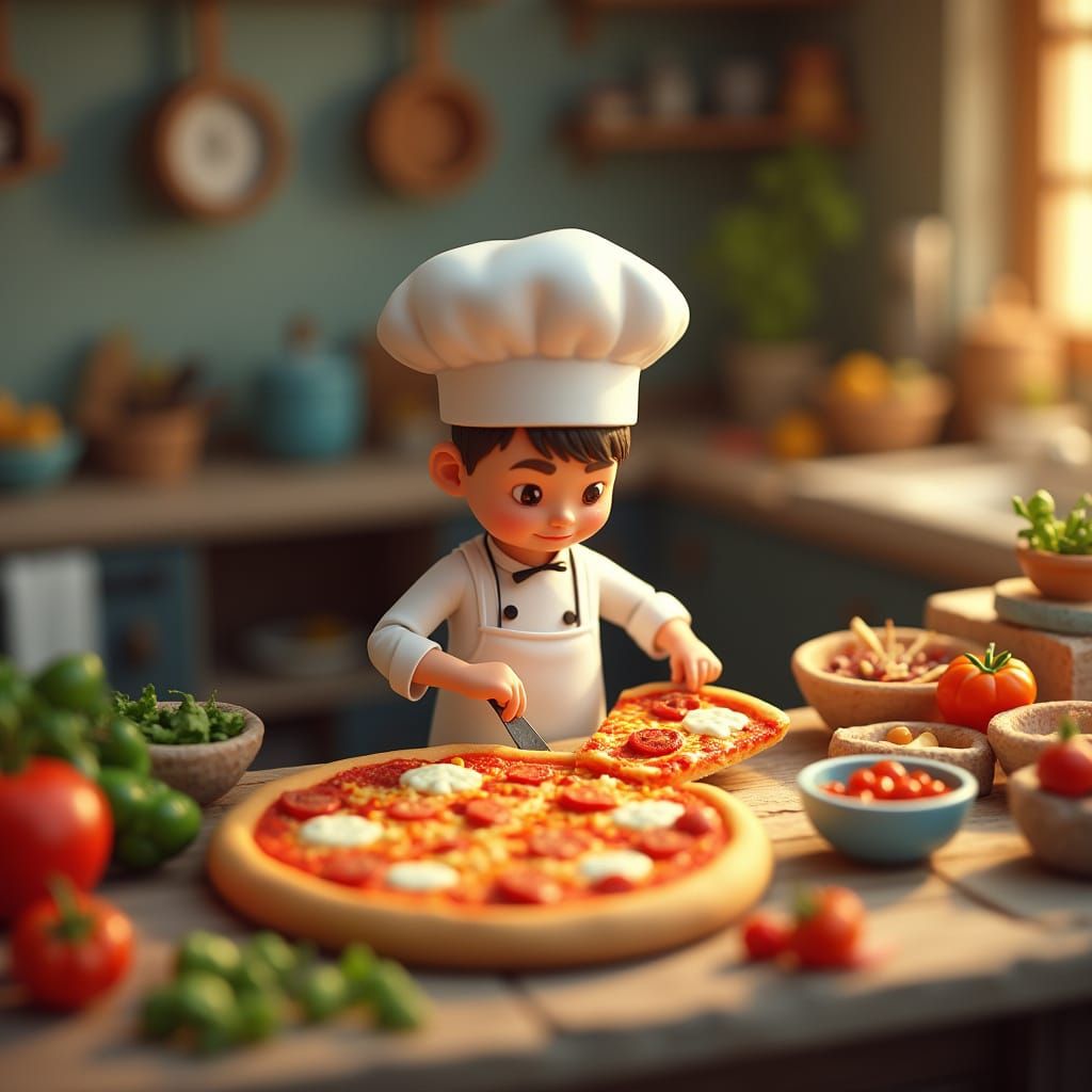 Miniature Chef Crafts Pizza in Vibrant Pixar-Inspired Kitche...
