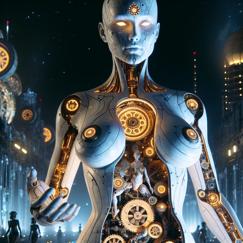 Cyberpunk Goddess in a Clockwork City