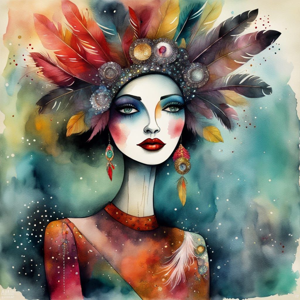 Surreal Showgirl Portrait in Vibrant Watercolor and Ink