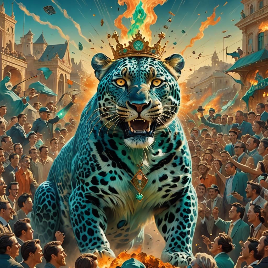 Blue Leopard King on Hill of Time in Surreal Style