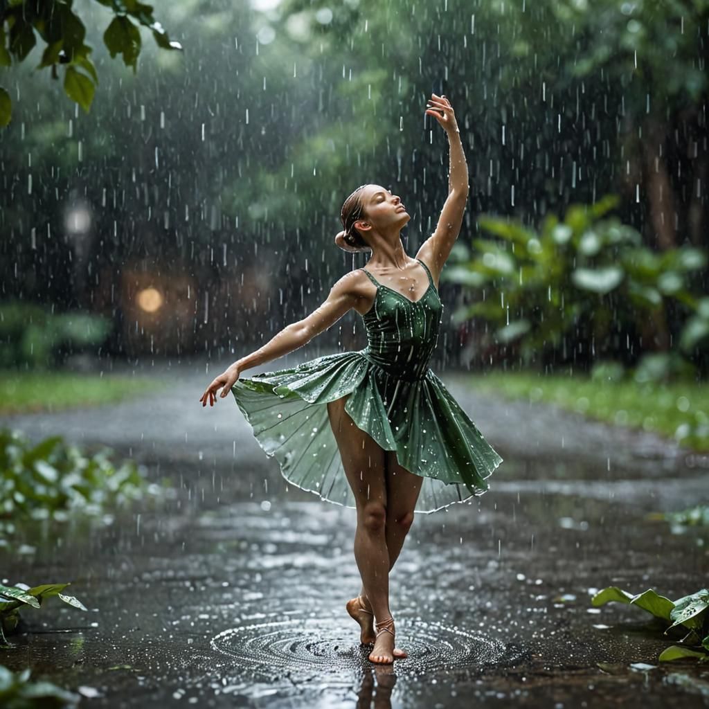 Magical Miniature Dancer in Surreal Rainy Landscape