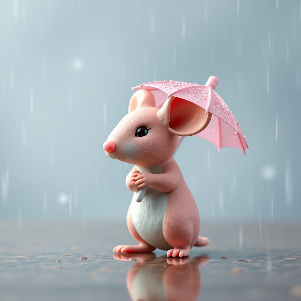 Whimsical Anime Mouse in Pastel Clay, Holding Umbrella in Ra...