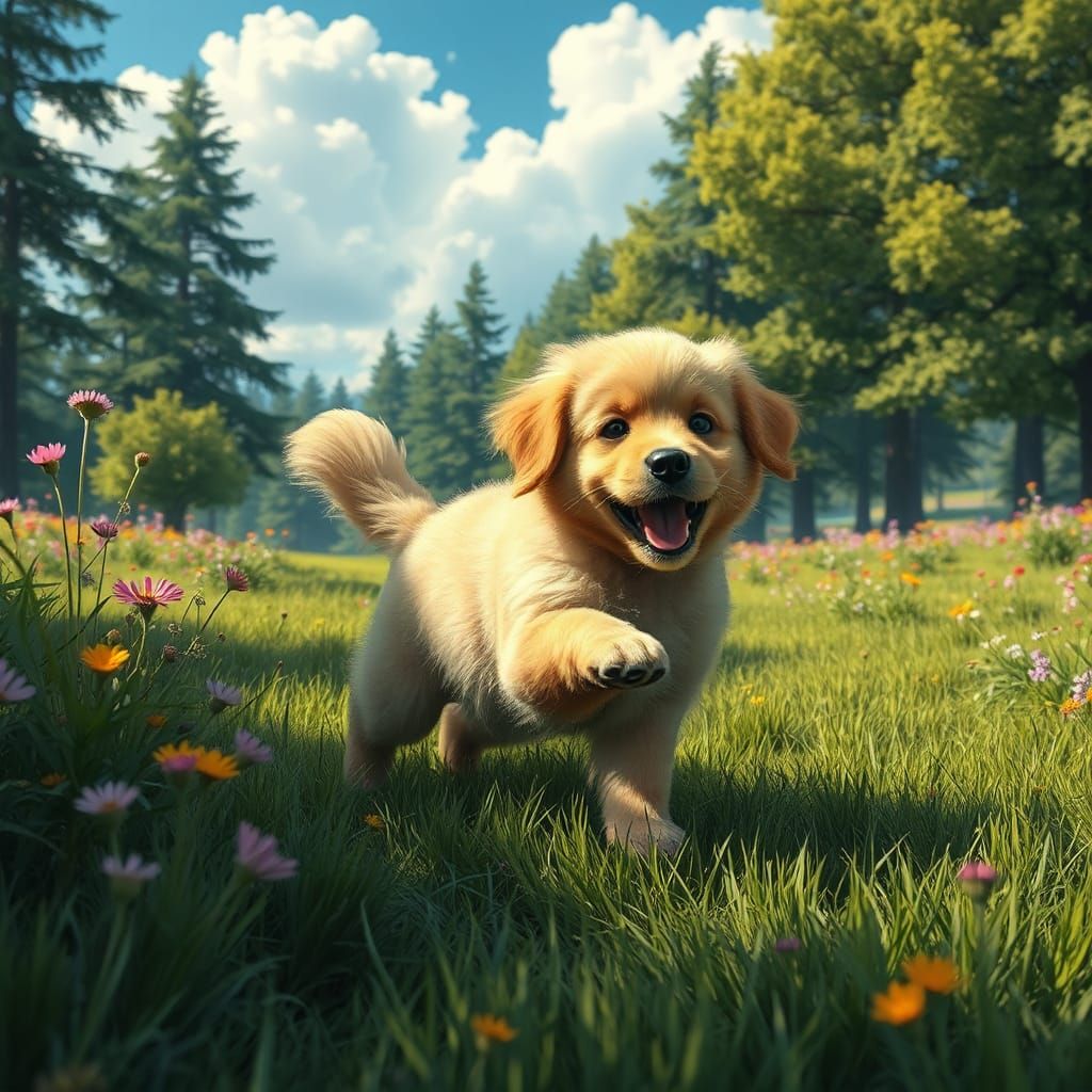 Golden Retriever Puppy in Fantasy Landscape