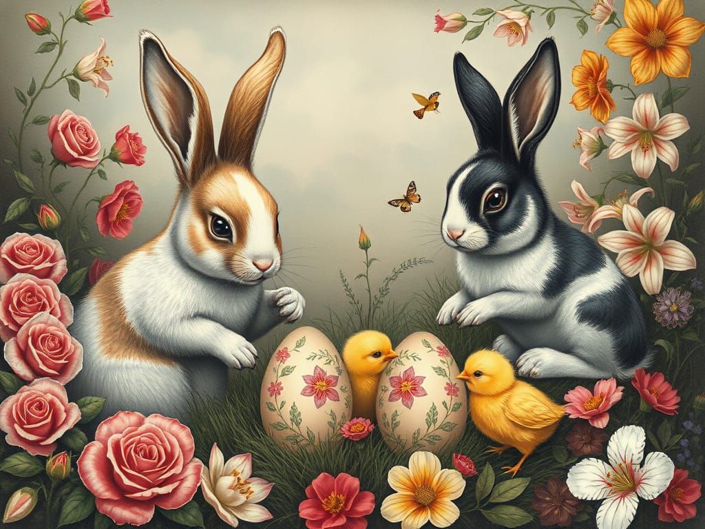 Bunnies and Chicks Painting Easter Eggs: Vintage Charcoal Dr...