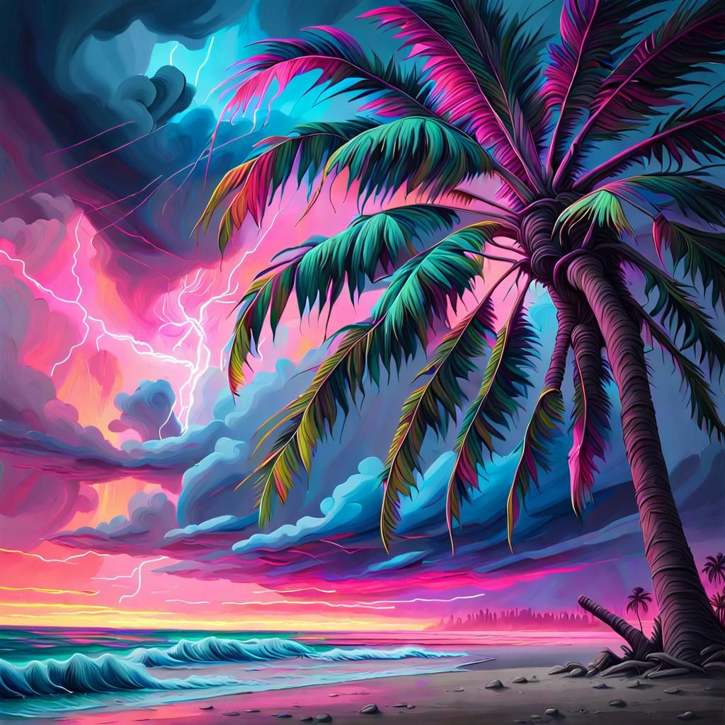 Neon Beachscape: Surreal Cyberpunk Oil Painting