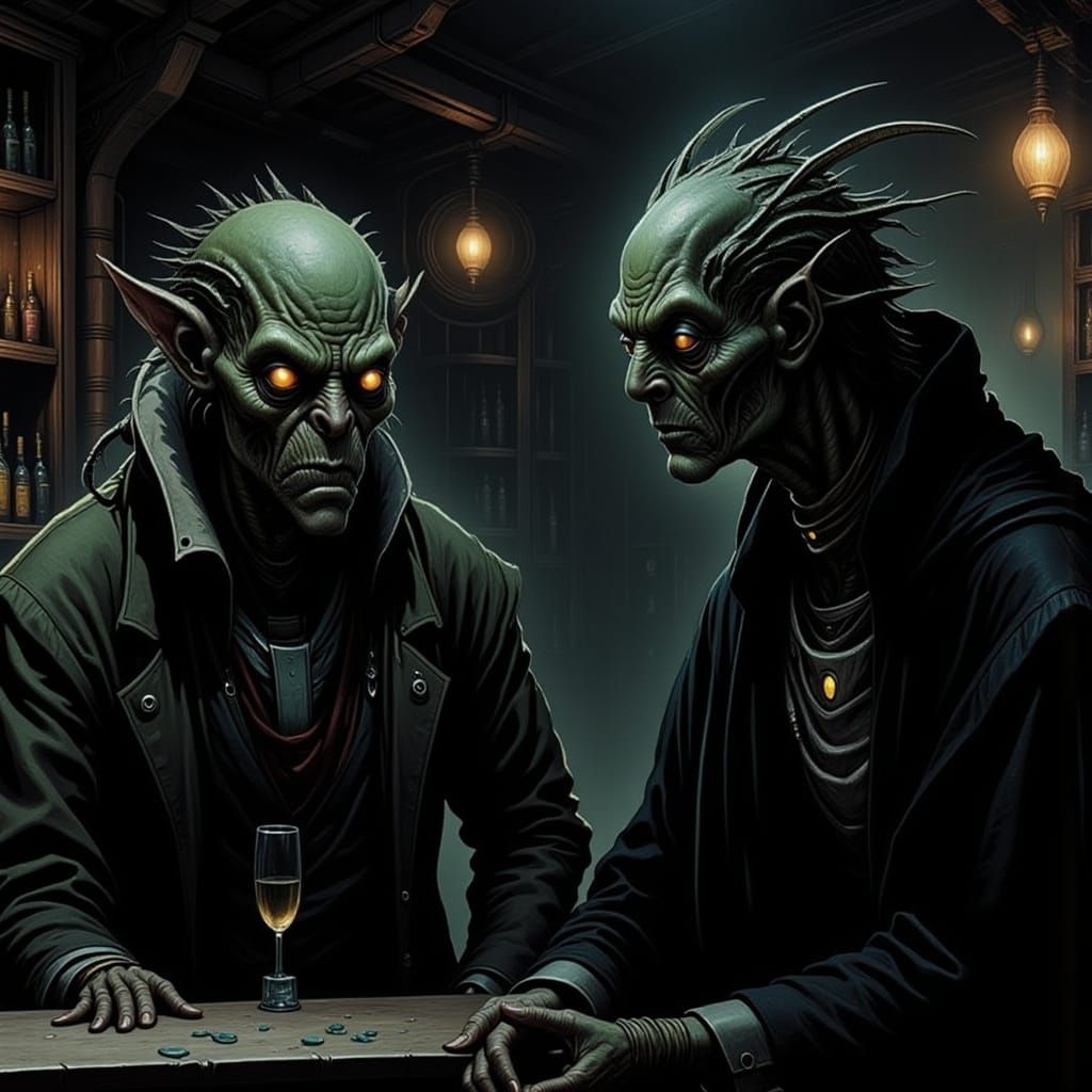 Alien Negotiator in Shadowy Bar, Sci-Fi Art