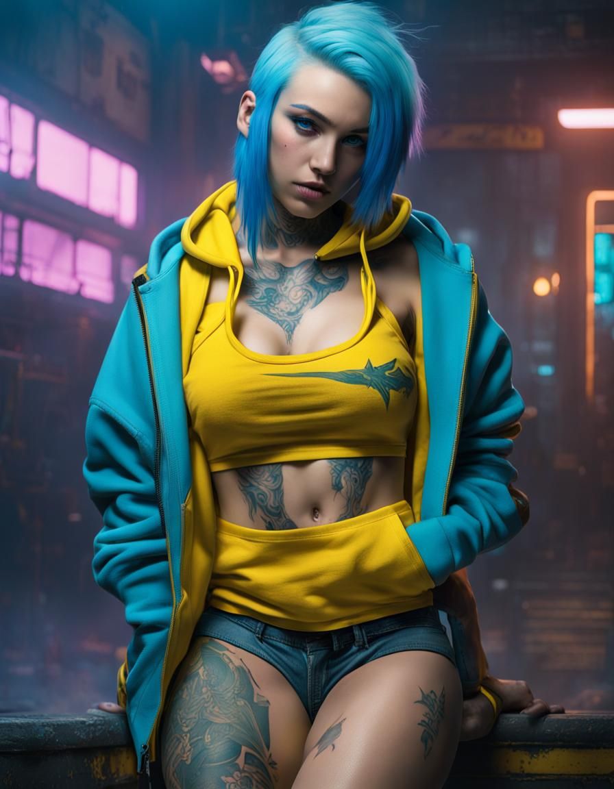 Cyberpunk Girl with Tattoos and Neon Lighting