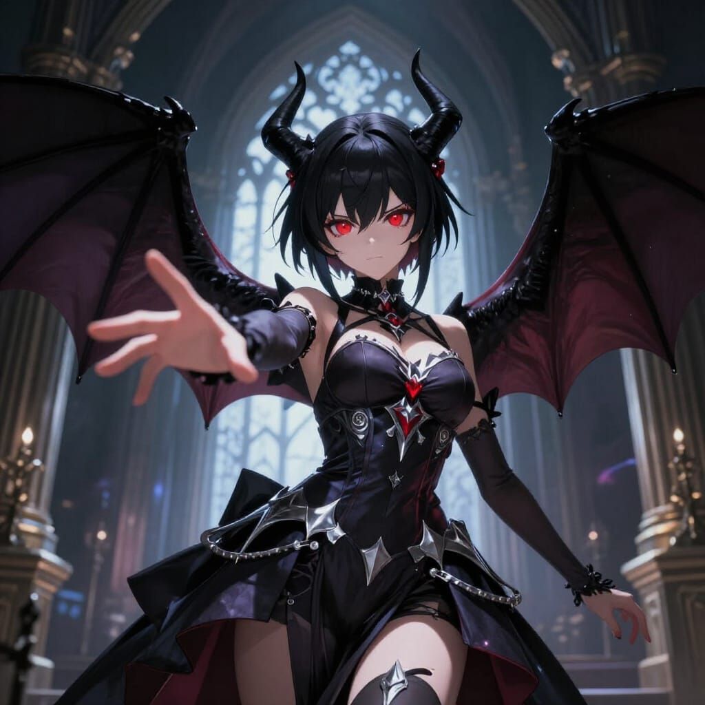 Anime Demoness with Scarlet Eyes and Gothic Attire