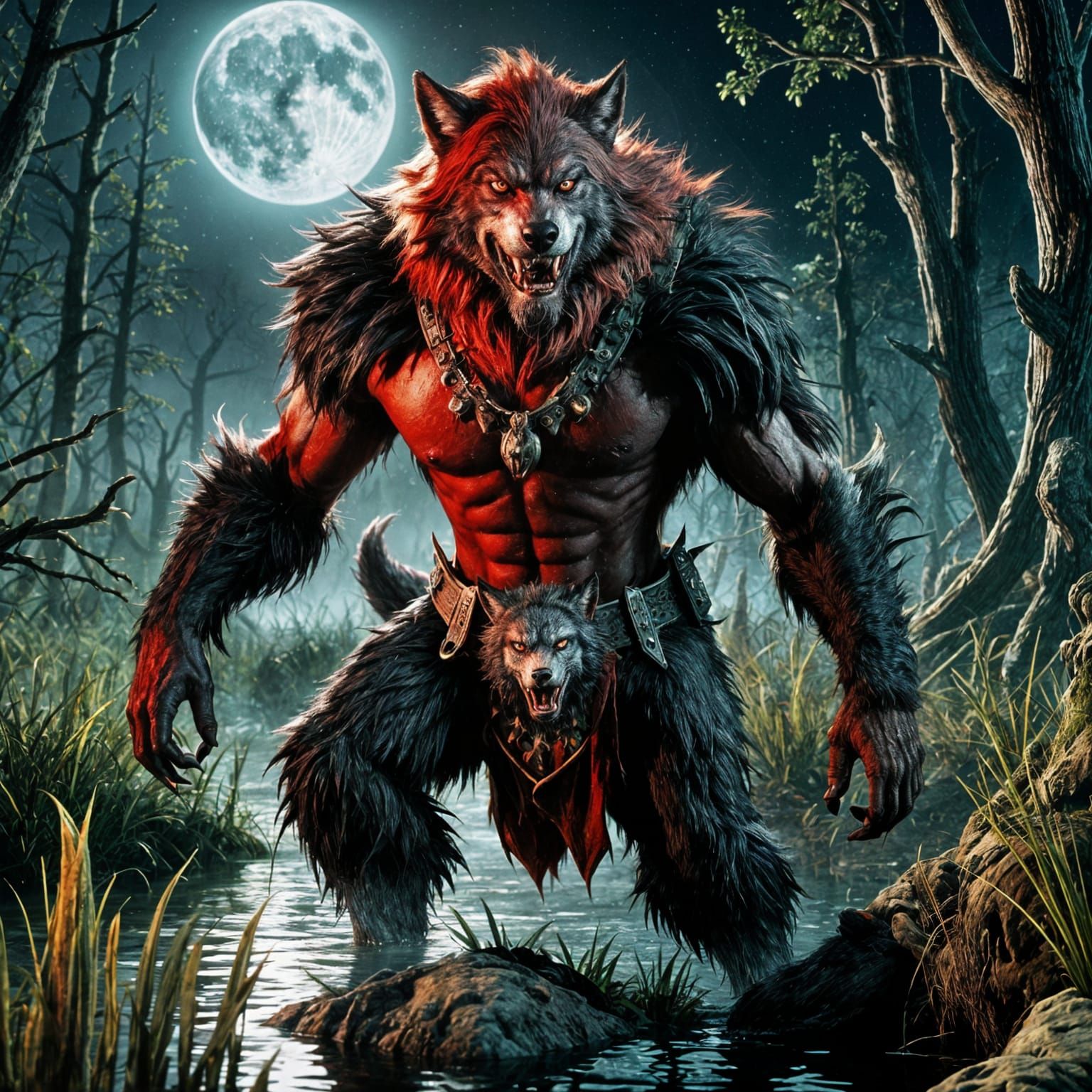 Red-Furred Werewolf in Swamp Landscape