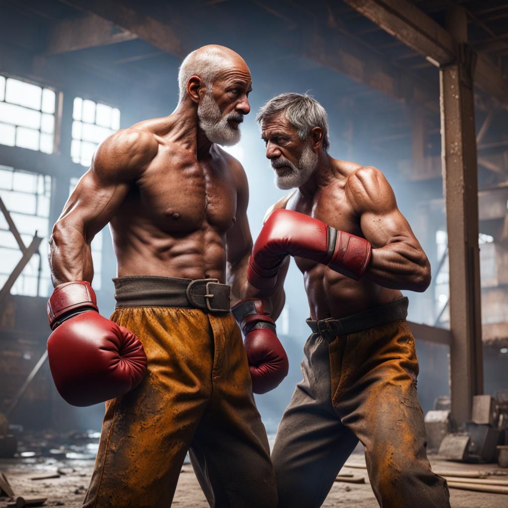 Ragged Construction Workers Boxing: Detailed Matte Painting