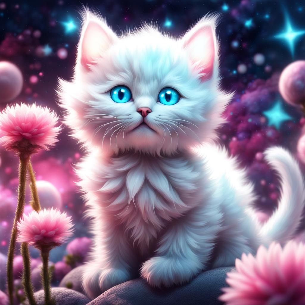 Fluffy Kitten with Bioluminescent Flower Tail