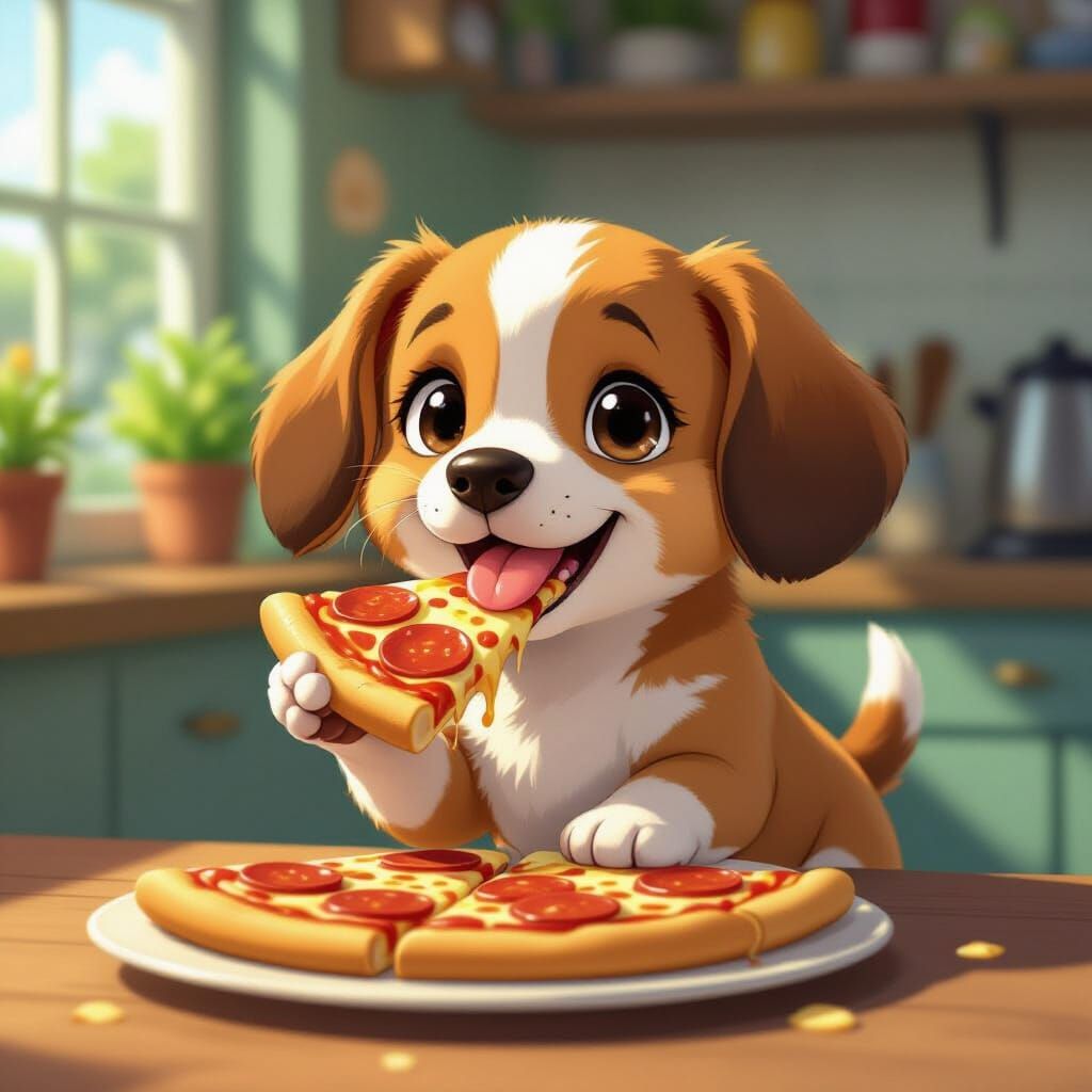 Baby Dachshund Enjoys Pizza in Anime Style