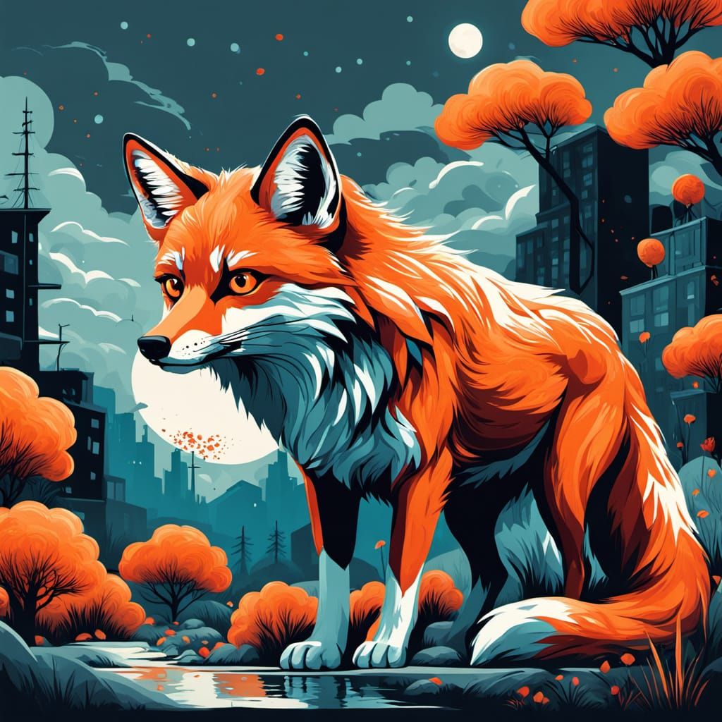 Photorealistic Fox Confronts 1970s Muscle Car in Post-Apocal...