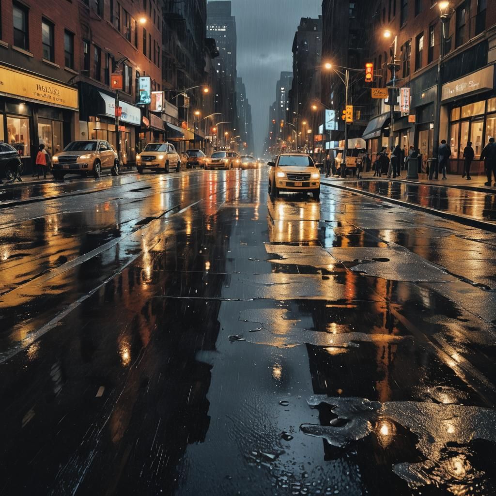 Hyperrealistic Rainy Night in New York