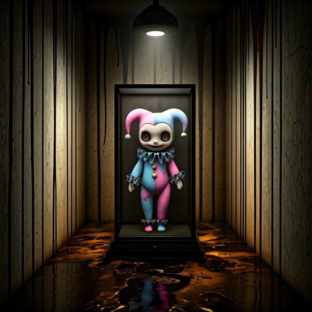 Ethereal Jester Doll in Creepy Noire Environment