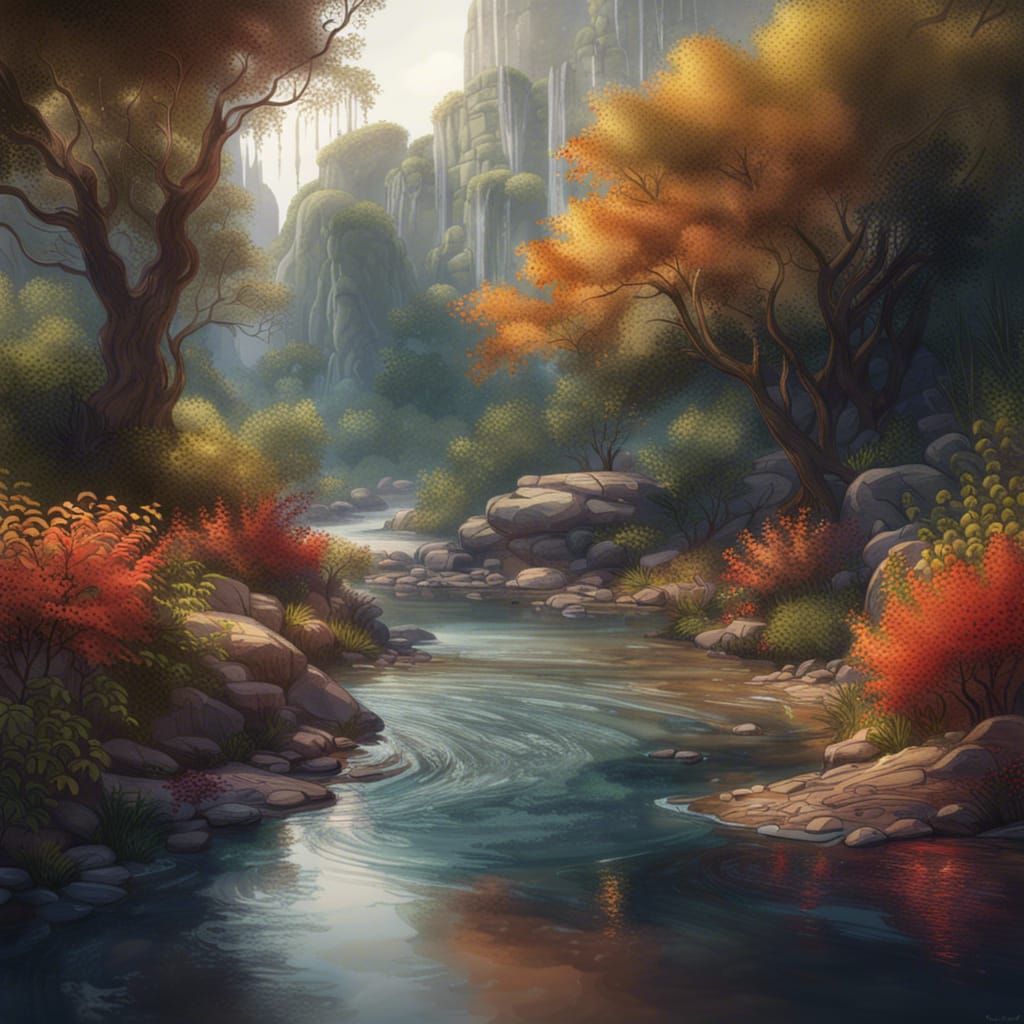 Vibrant Watercolour Riverbank and Foliage