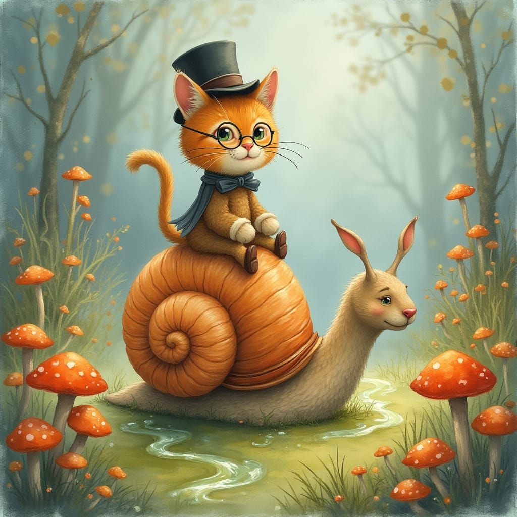 Ginger Cat's Snail Ride: A Whimsical Watercolor