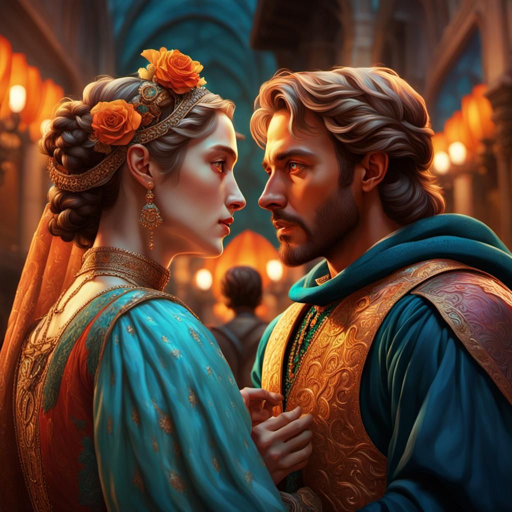 Romeo and Juliette a masterpiece Hyperrealistic, splash art,...