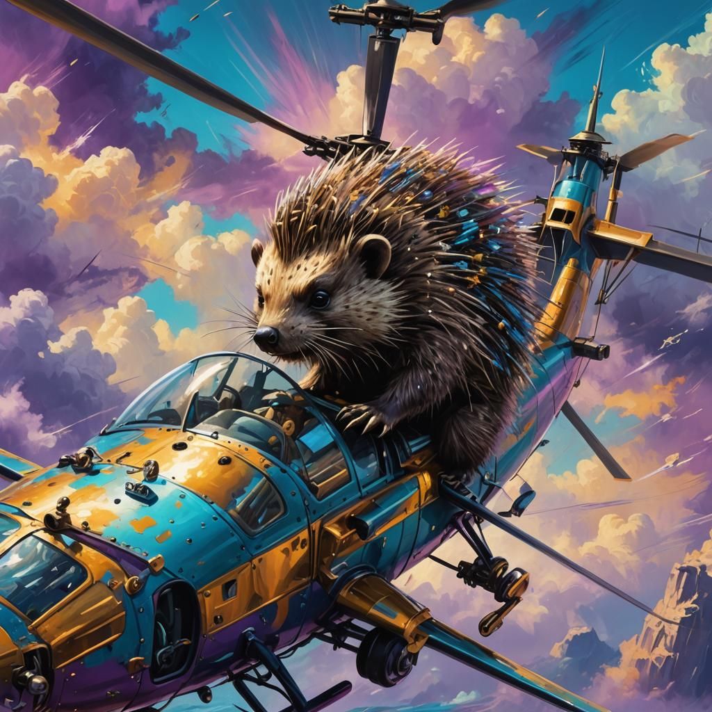 Porcupine Pilots Helicopter: Fantasy Oil Painting