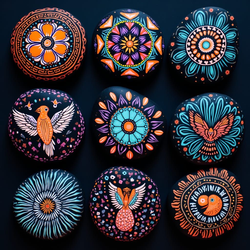Glowing Mandalas on Painted Rocks in Vibrant Abstract Art