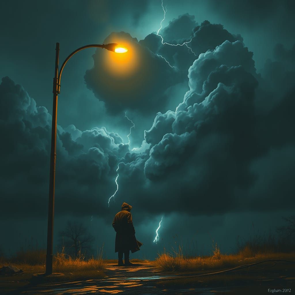 Hooded Figure in Storm, Concept Art Style