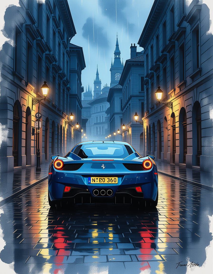 Weathered Ferrari on Wet European Street at Dusk