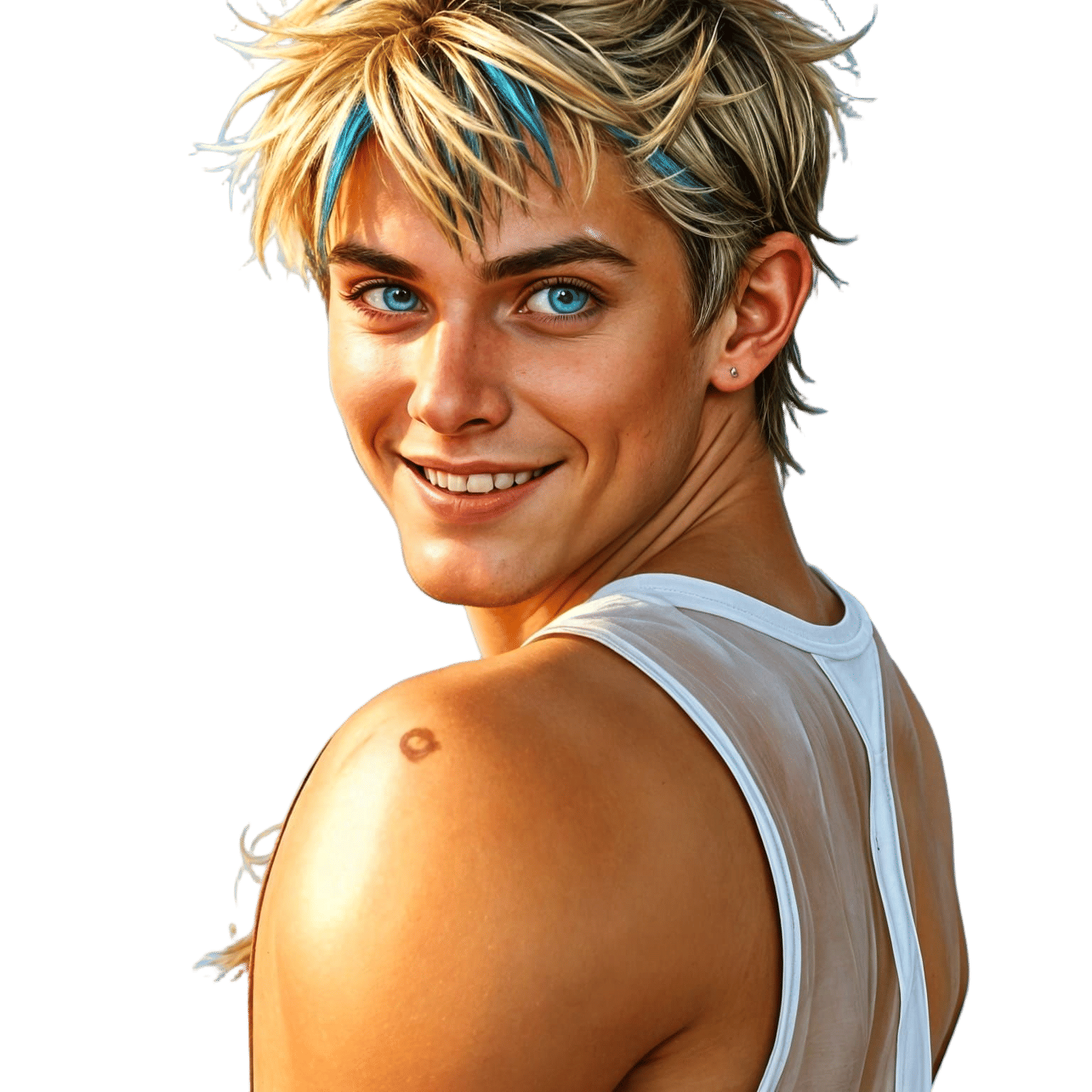Tanned Surfer with Shaggy Hair and Bright Blue Eyes