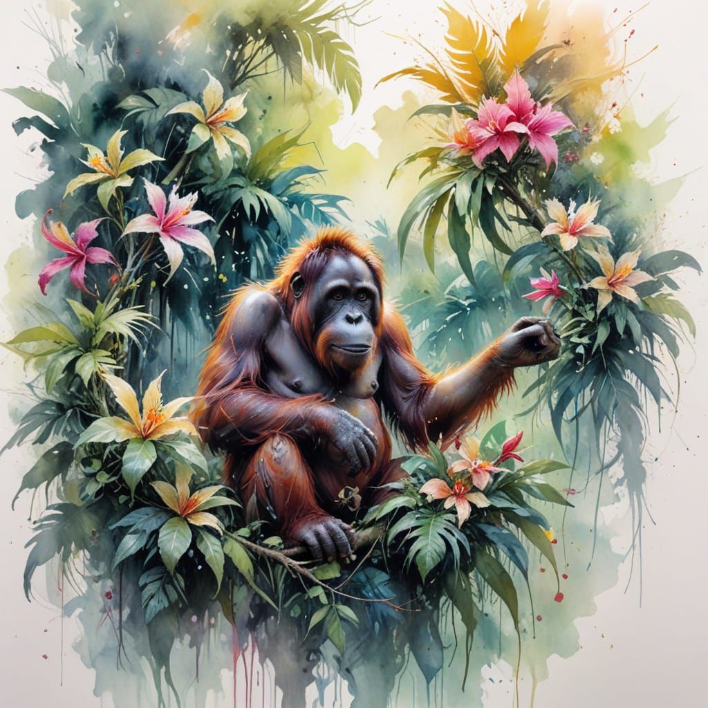 Exotic Orangutan Amidst Tropical Bloom