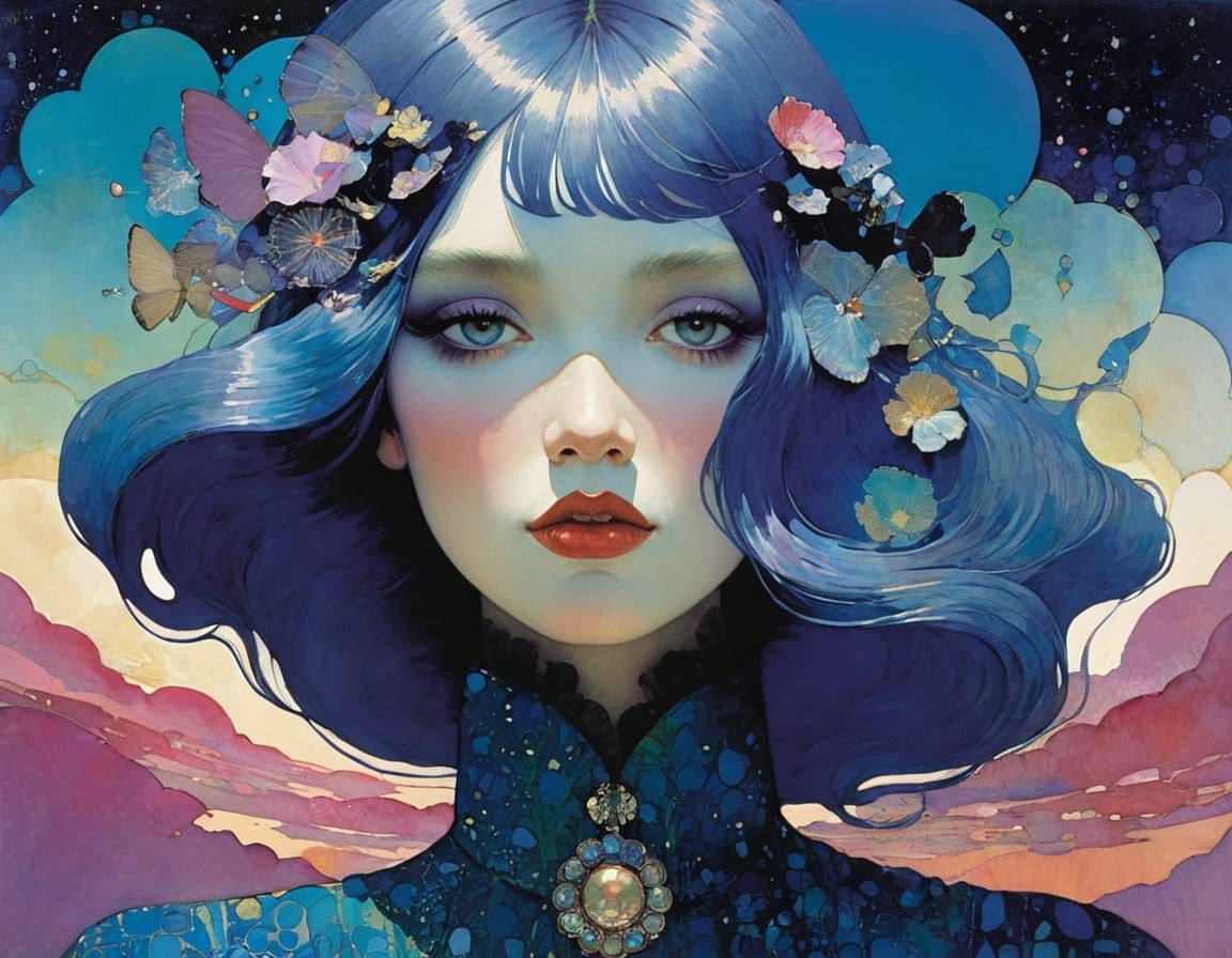 Vibrant Ocean Scene with Art Nouveau and Fantasy Elements