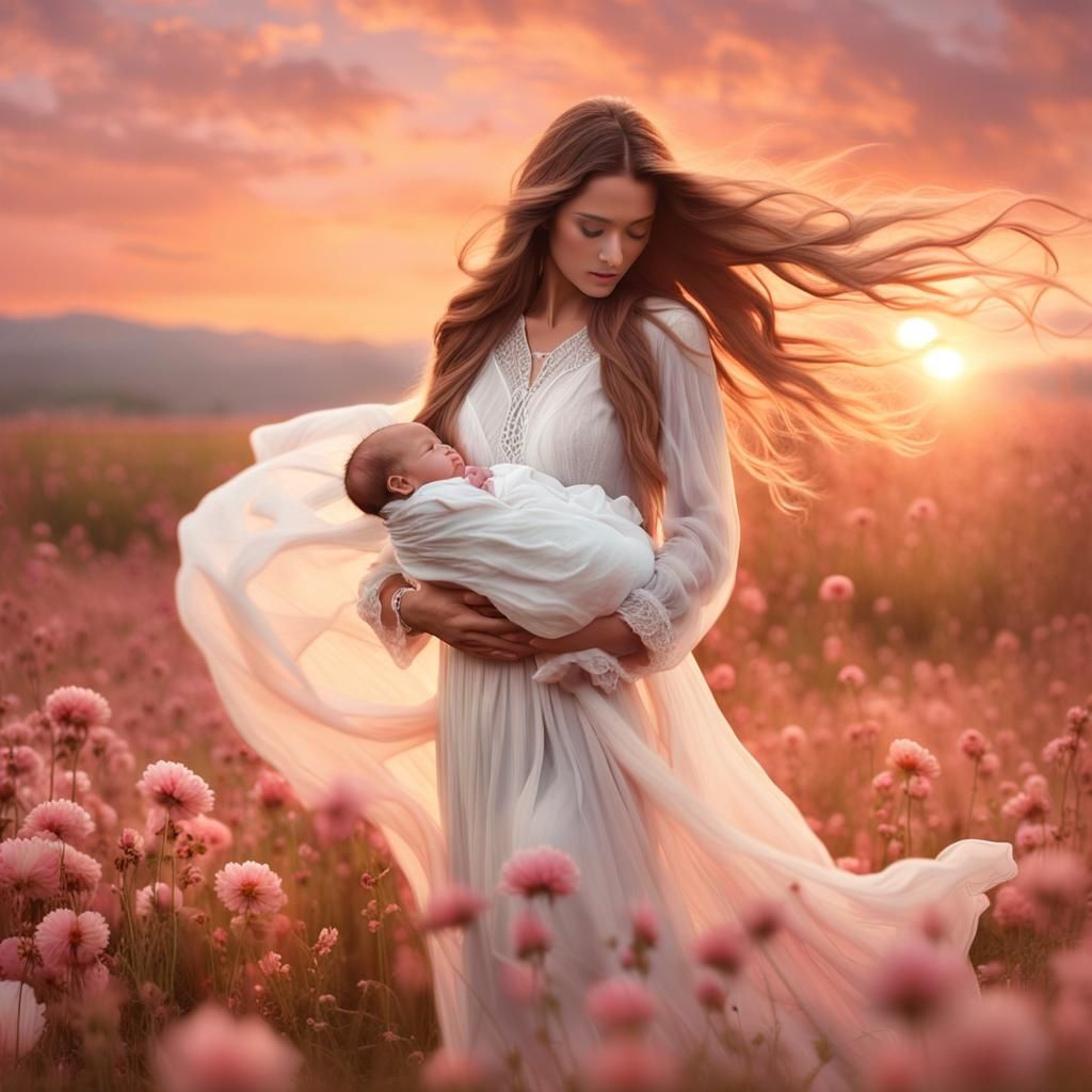 Mother and Child at Sunrise in a Flower Field