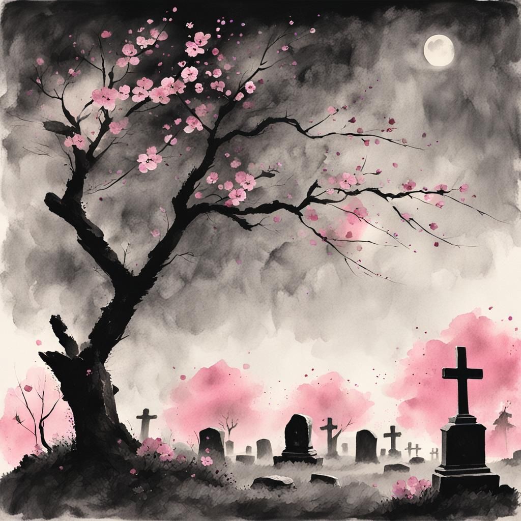 Eerie Cemetery Cherry Blossom in Sumi-e Style