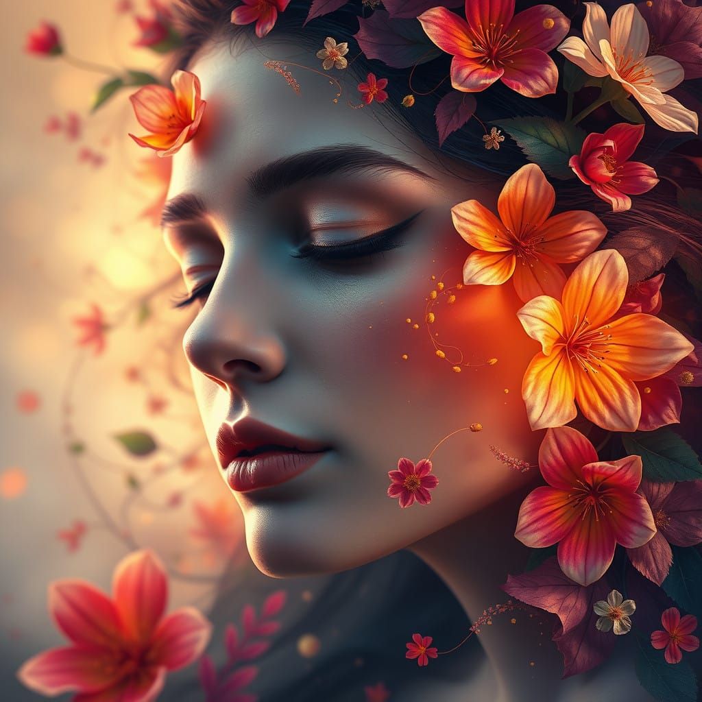 Serene Woman Enveloped by Vibrant Floral Patterns