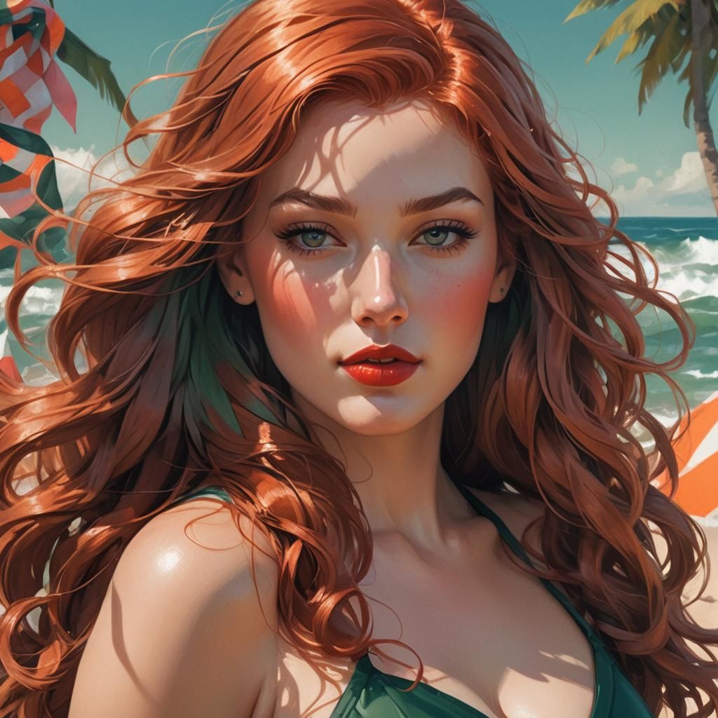 Stunning Portrait of a Red-Haired Princess on the Beach
